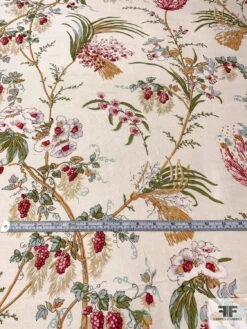 Floral And Leaf Stems Printed Silk Shantung, - Pear Green / Tan / Cranberry / Light Ivory -Fabrics And Fabrics Store 15004 5