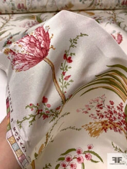 Floral And Leaf Stems Printed Silk Shantung, - Pear Green / Tan / Cranberry / Light Ivory -Fabrics And Fabrics Store 15004 8