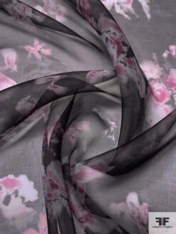 Marchesa Watercolor Floral Printed Silk Organza - Black / Dark Fuchsia / Grey / White -Fabrics And Fabrics Store 15033 2