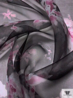 Marchesa Watercolor Floral Printed Silk Organza - Black / Dark Fuchsia / Grey / White -Fabrics And Fabrics Store 15033 3
