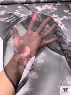 Marchesa Watercolor Floral Printed Silk Organza - Black / Dark Fuchsia / Grey / White -Fabrics And Fabrics Store 15033 8