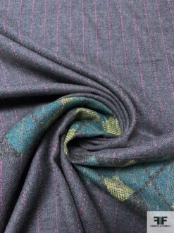 Italian Striped And Argyle Gabardine Flannel Wool Suiting Panel - Heather Grey / Hot Pink / Greens -Fabrics And Fabrics Store 15092 2