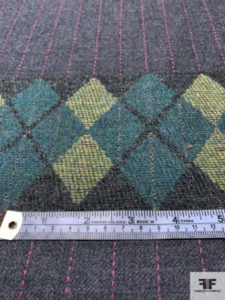Italian Striped And Argyle Gabardine Flannel Wool Suiting Panel - Heather Grey / Hot Pink / Greens -Fabrics And Fabrics Store 15092 5