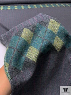 Italian Striped And Argyle Gabardine Flannel Wool Suiting Panel - Heather Grey / Hot Pink / Greens -Fabrics And Fabrics Store 15092 7