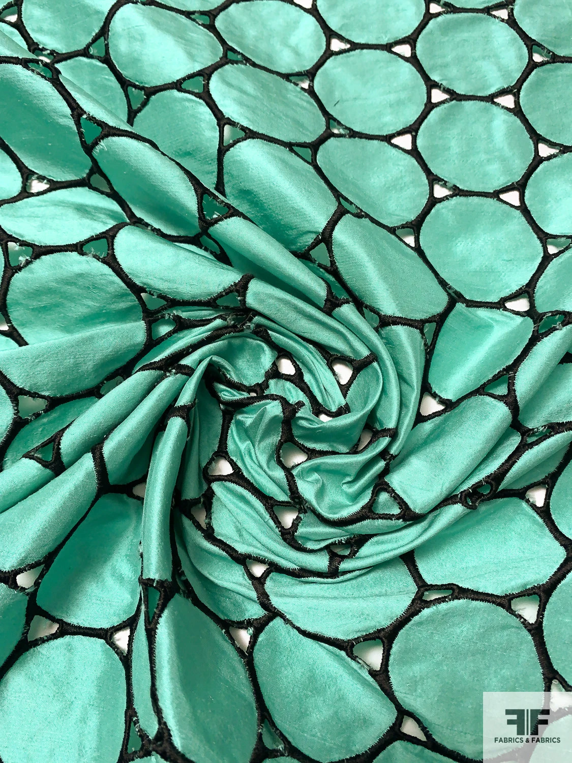 Circle Cutout Embroidered Silk Shantung - Seafoam Green / Black 3 Circle Cutout Embroidered Silk Shantung - Seafoam Green / Black
