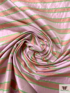 Horizontal Striped Lightweight Silk Taffeta With Metallic Yarns - Pink / Coral / Green / Gold