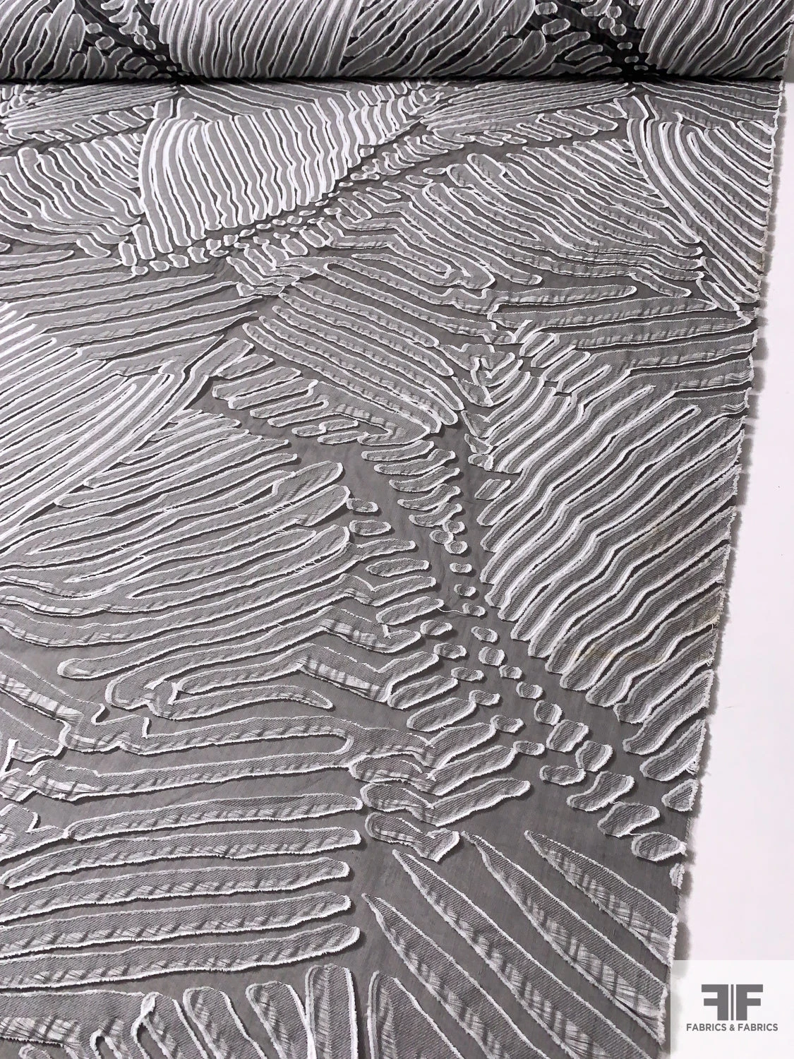 Italian Leaf Inspired Textured Fil Coupé Organza - Grey / Off-White / Black 3 Italian Leaf Inspired Textured Fil Coupé Organza - Grey / Off-White / Black