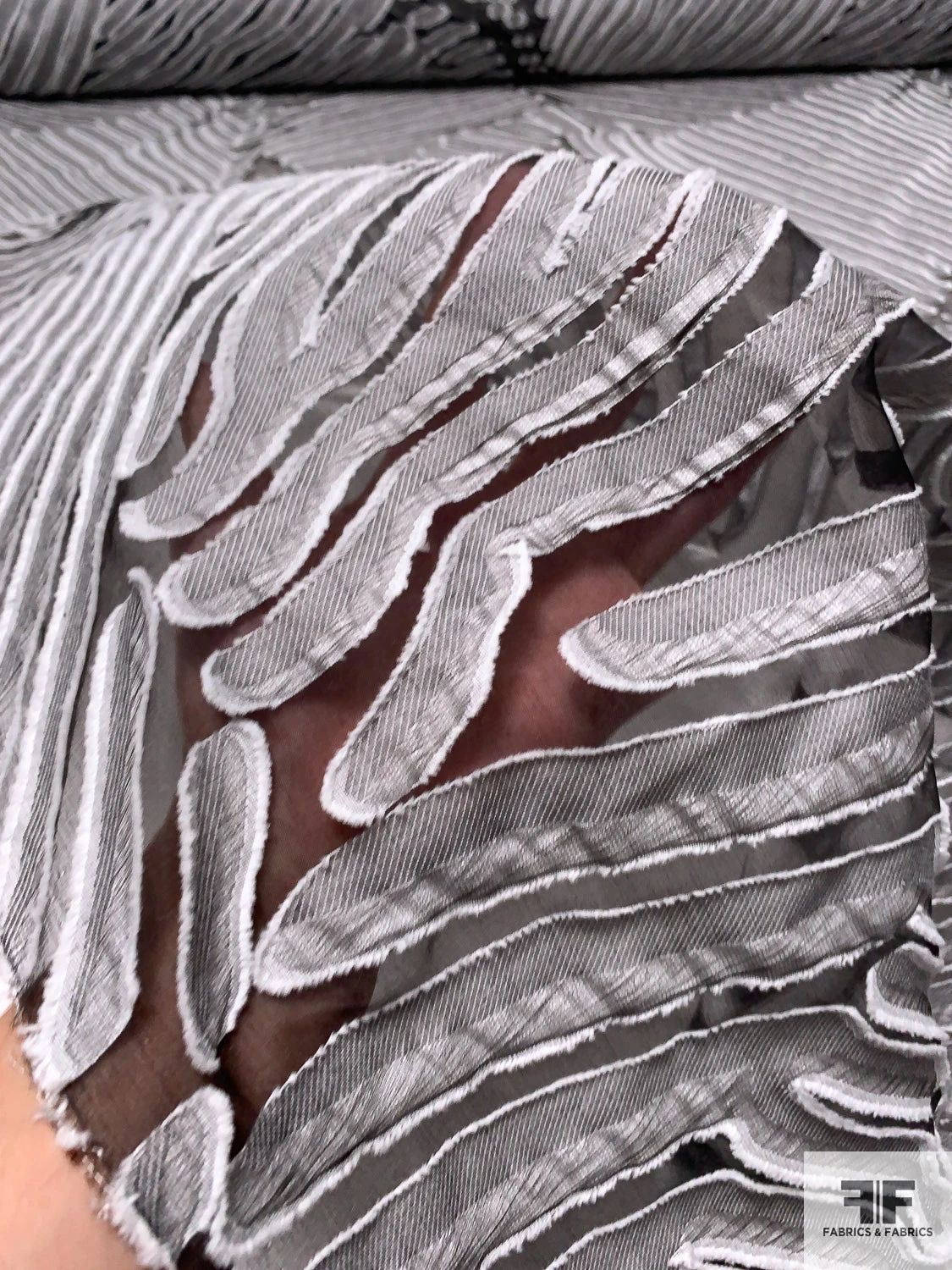Italian Leaf Inspired Textured Fil Coupé Organza - Grey / Off-White / Black 4 Italian Leaf Inspired Textured Fil Coupé Organza - Grey / Off-White / Black - Image 2