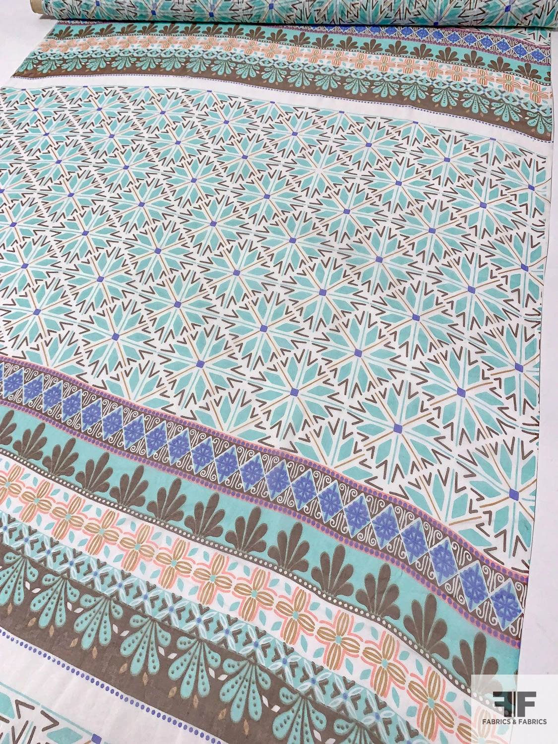 Multi-Pattern Printed Silk Chiffon Panel - Aqua / Brown / Violet / Ochre / Pink 3 Multi-Pattern Printed Silk Chiffon Panel - Aqua / Brown / Violet / Ochre / Pink