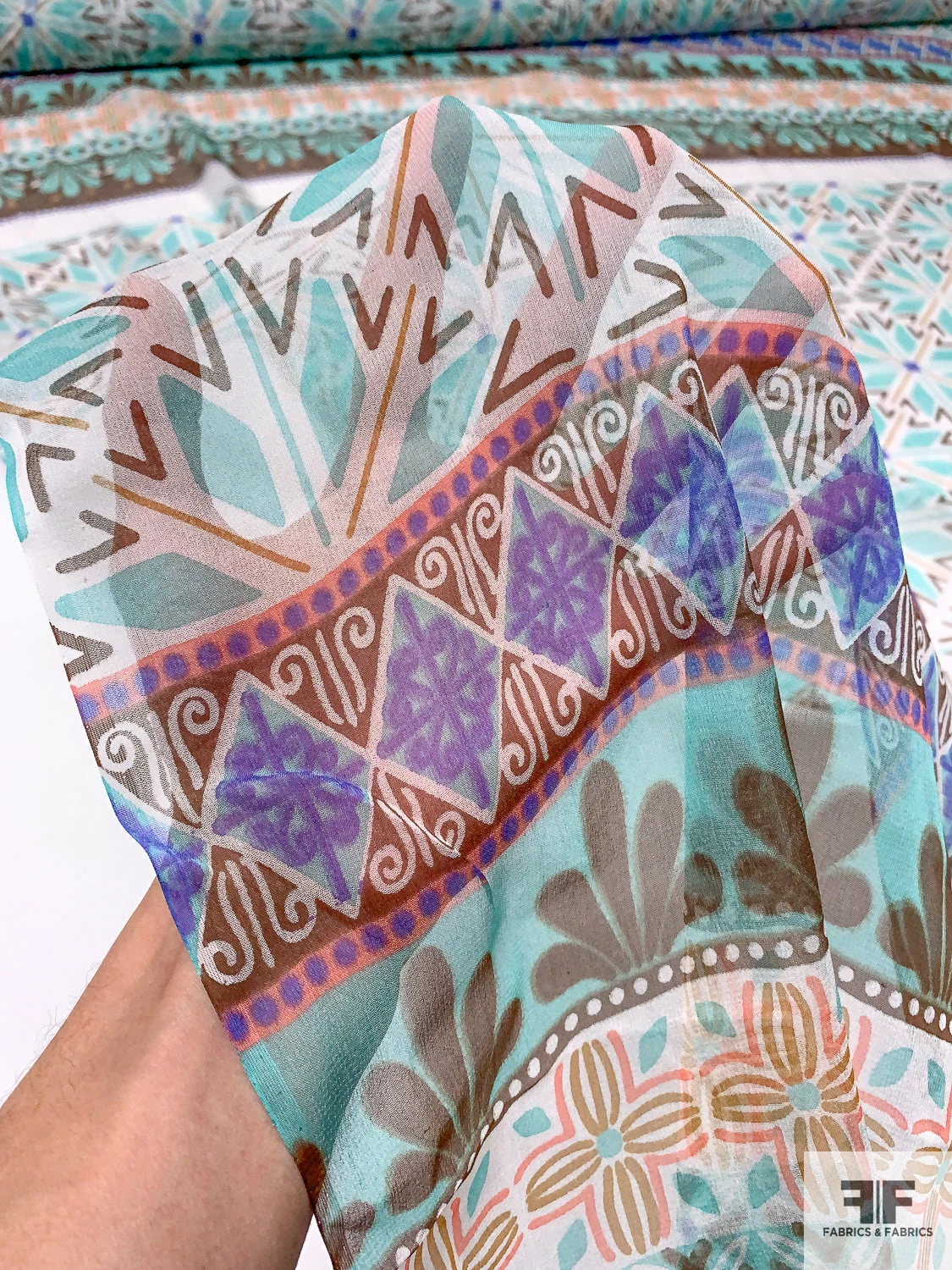 Multi-Pattern Printed Silk Chiffon Panel - Aqua / Brown / Violet / Ochre / Pink 10 Multi-Pattern Printed Silk Chiffon Panel - Aqua / Brown / Violet / Ochre / Pink - Image 8