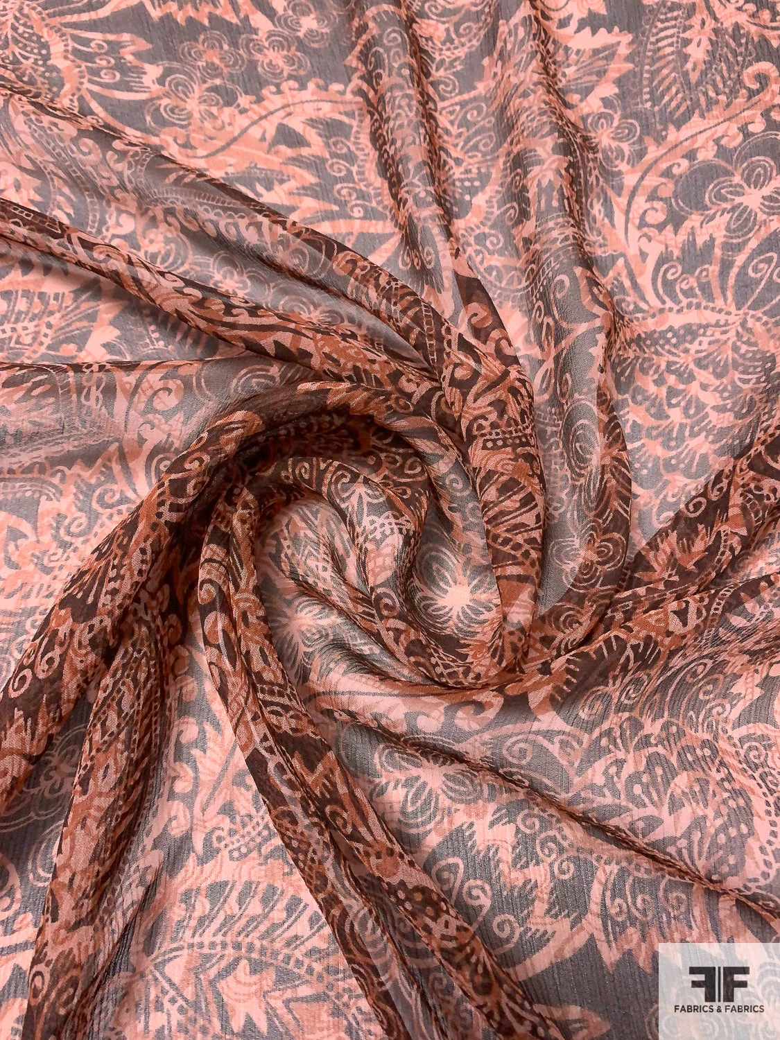 Paisley Leaf Printed Crinkled Silk Chiffon - Dusty Peach / Brown 5 Paisley Leaf Printed Crinkled Silk Chiffon - Dusty Peach / Brown - Image 3