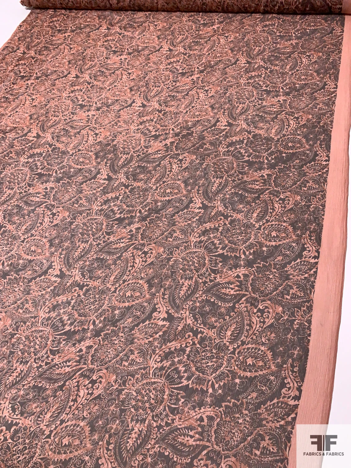 Paisley Leaf Printed Crinkled Silk Chiffon - Dusty Peach / Brown 4 Paisley Leaf Printed Crinkled Silk Chiffon - Dusty Peach / Brown - Image 2