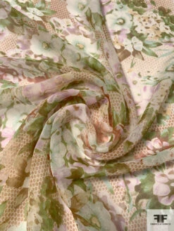 Floral Bouquets And Dotted Printed Silk Chiffon - Greens / Lavender / Caramel 12 Floral Bouquets And Dotted Printed Silk Chiffon - Greens / Lavender / Caramel -Fabrics And Fabrics Store 15458 2