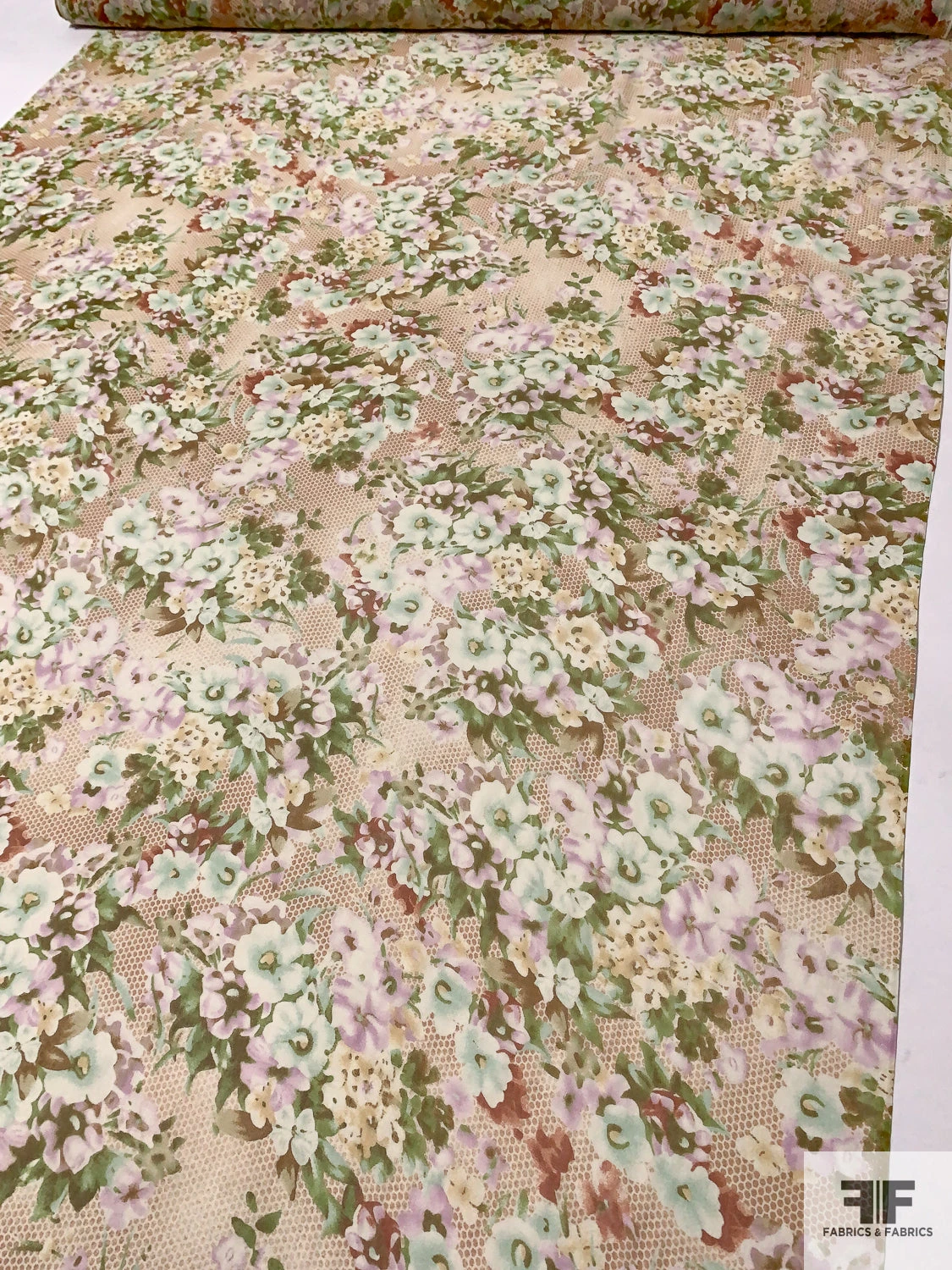 Floral Bouquets And Dotted Printed Silk Chiffon - Greens / Lavender / Caramel 4 Floral Bouquets And Dotted Printed Silk Chiffon - Greens / Lavender / Caramel - Image 2