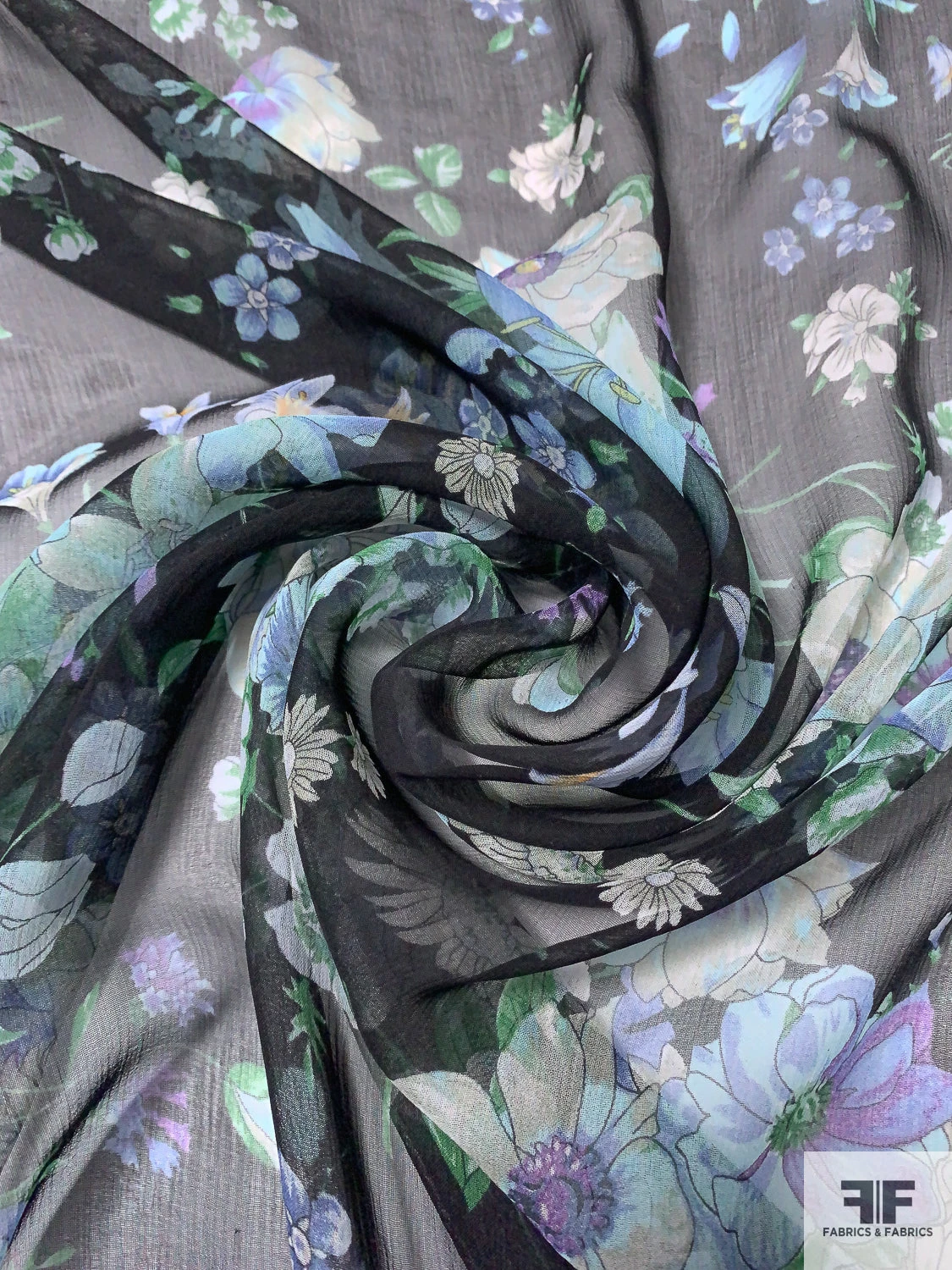 Floral Bouquet Printed Slightly Crinkled Silk Chiffon - Shades Of Blue / Black / Green 4 Floral Bouquet Printed Slightly Crinkled Silk Chiffon - Shades Of Blue / Black / Green - Image 2