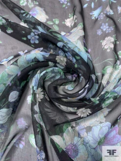 Floral Bouquet Printed Slightly Crinkled Silk Chiffon - Shades Of Blue / Black / Green 12 Floral Bouquet Printed Slightly Crinkled Silk Chiffon - Shades Of Blue / Black / Green -Fabrics And Fabrics Store 15481 2