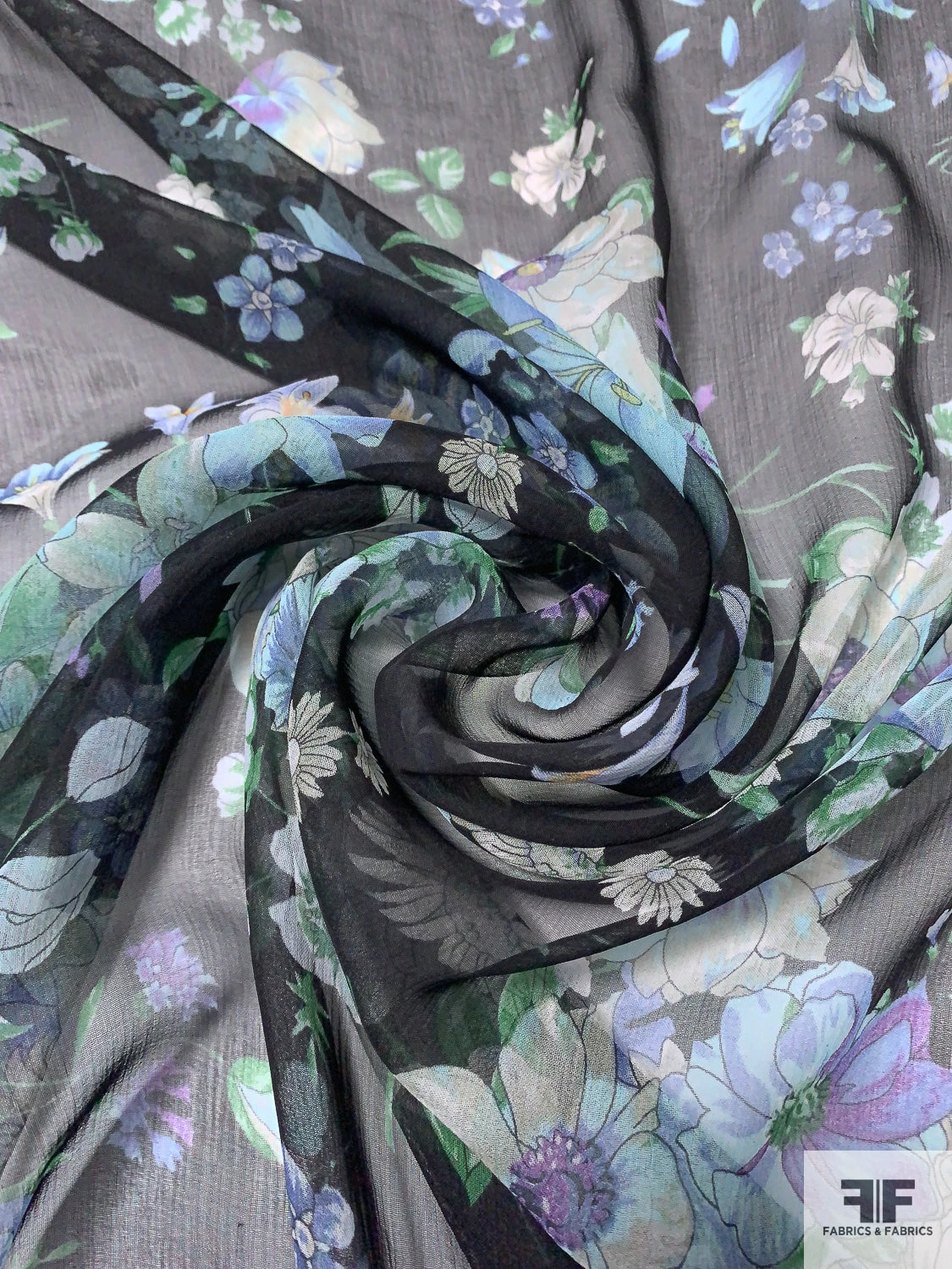 Floral Bouquet Printed Slightly Crinkled Silk Chiffon - Shades Of Blue / Black / Green 5 Floral Bouquet Printed Slightly Crinkled Silk Chiffon - Shades Of Blue / Black / Green - Image 3