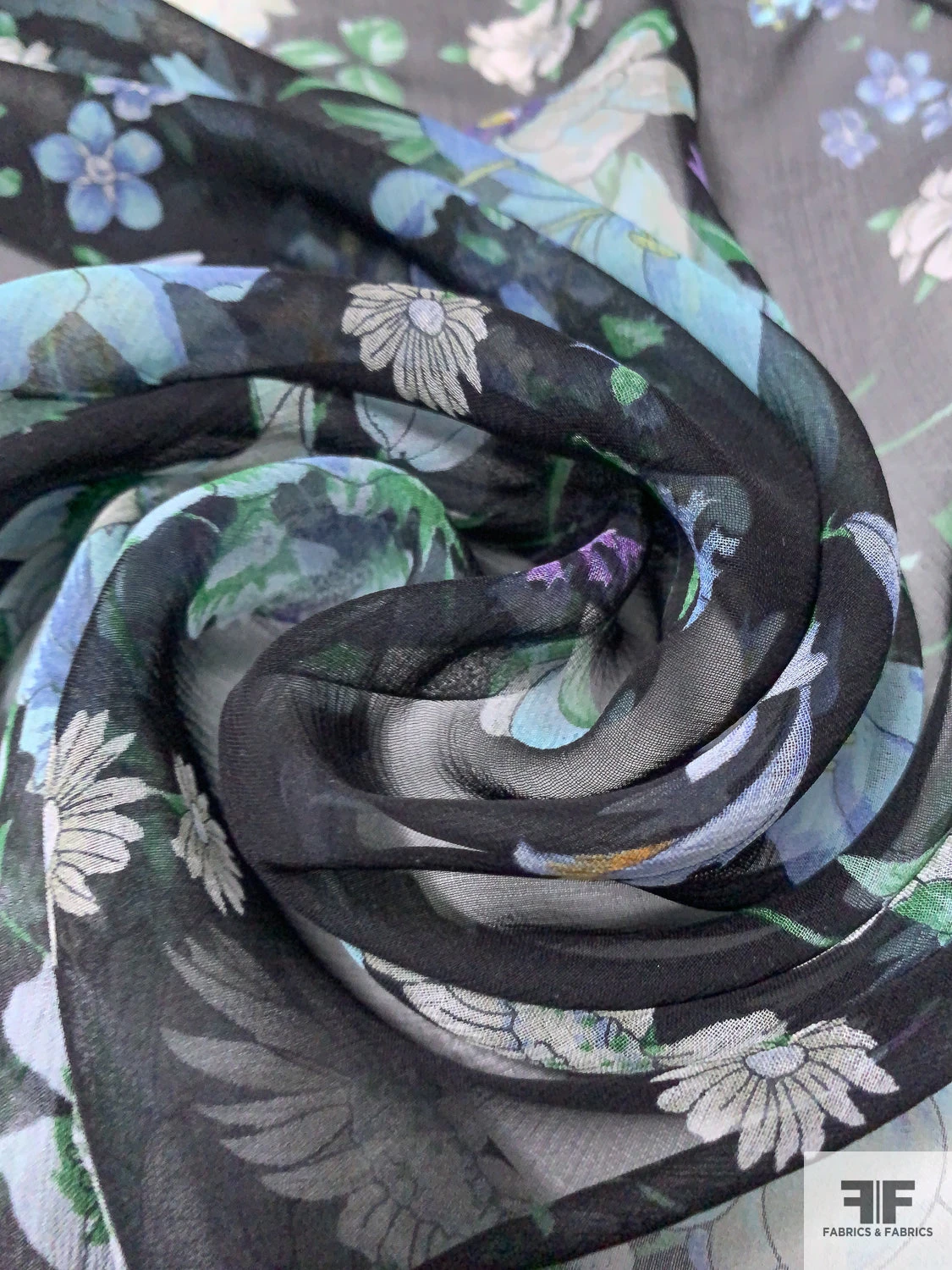 Floral Bouquet Printed Slightly Crinkled Silk Chiffon - Shades Of Blue / Black / Green 6 Floral Bouquet Printed Slightly Crinkled Silk Chiffon - Shades Of Blue / Black / Green - Image 4