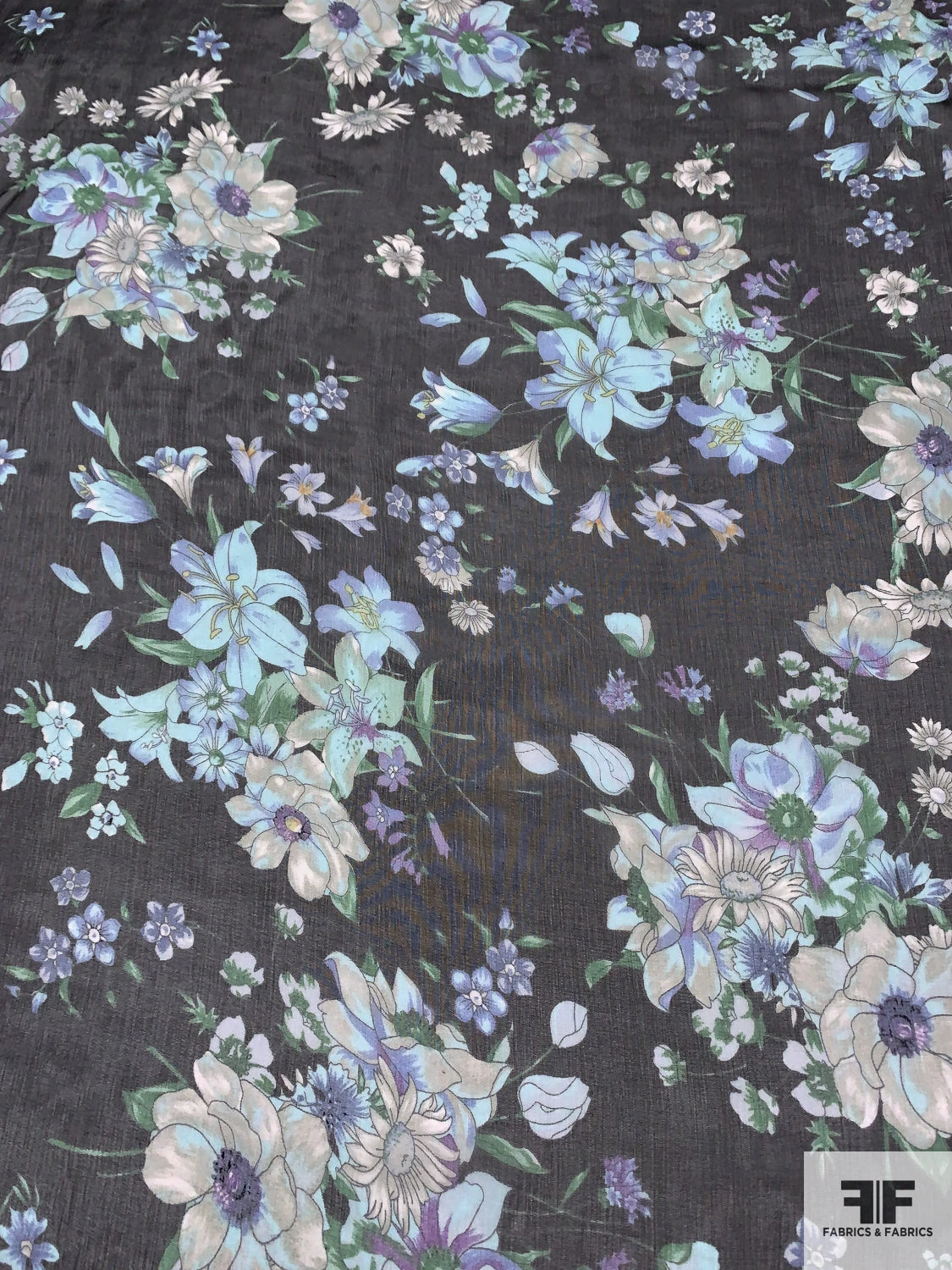Floral Bouquet Printed Slightly Crinkled Silk Chiffon - Shades Of Blue / Black / Green 3 Floral Bouquet Printed Slightly Crinkled Silk Chiffon - Shades Of Blue / Black / Green