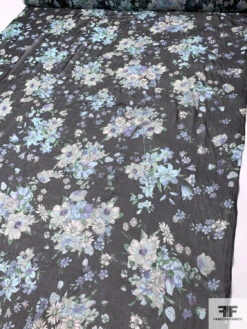Floral Bouquet Printed Slightly Crinkled Silk Chiffon - Shades Of Blue / Black / Green 16 Floral Bouquet Printed Slightly Crinkled Silk Chiffon - Shades Of Blue / Black / Green -Fabrics And Fabrics Store 15481 7