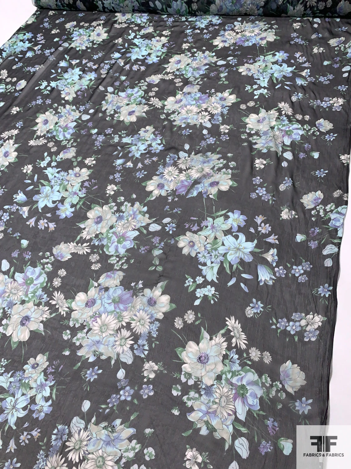 Floral Bouquet Printed Slightly Crinkled Silk Chiffon - Shades Of Blue / Black / Green 9 Floral Bouquet Printed Slightly Crinkled Silk Chiffon - Shades Of Blue / Black / Green - Image 7