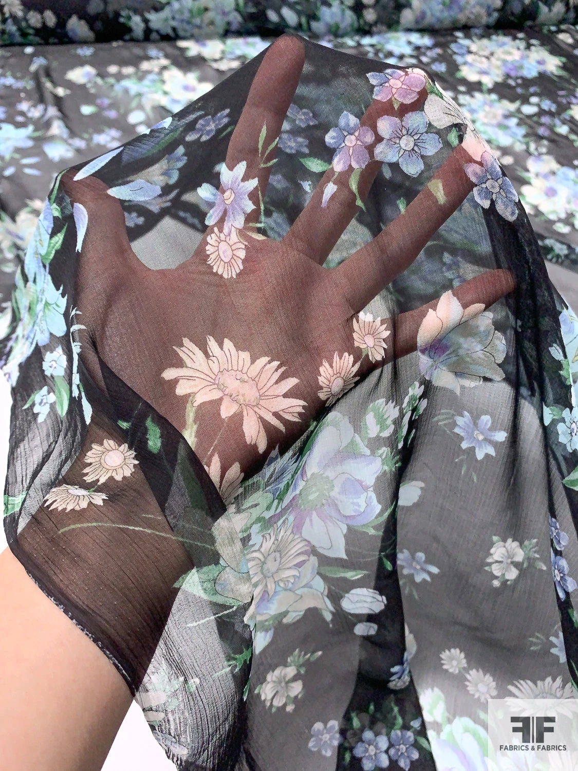 Floral Bouquet Printed Slightly Crinkled Silk Chiffon - Shades Of Blue / Black / Green 10 Floral Bouquet Printed Slightly Crinkled Silk Chiffon - Shades Of Blue / Black / Green - Image 8