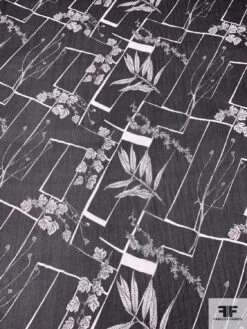 Leaf Stems And Geometric Printed Slightly Crinkled Silk Chiffon - Black / Off-White