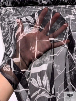 Leaf Stems And Geometric Printed Slightly Crinkled Silk Chiffon - Black / Off-White -Fabrics And Fabrics Store 15492 8