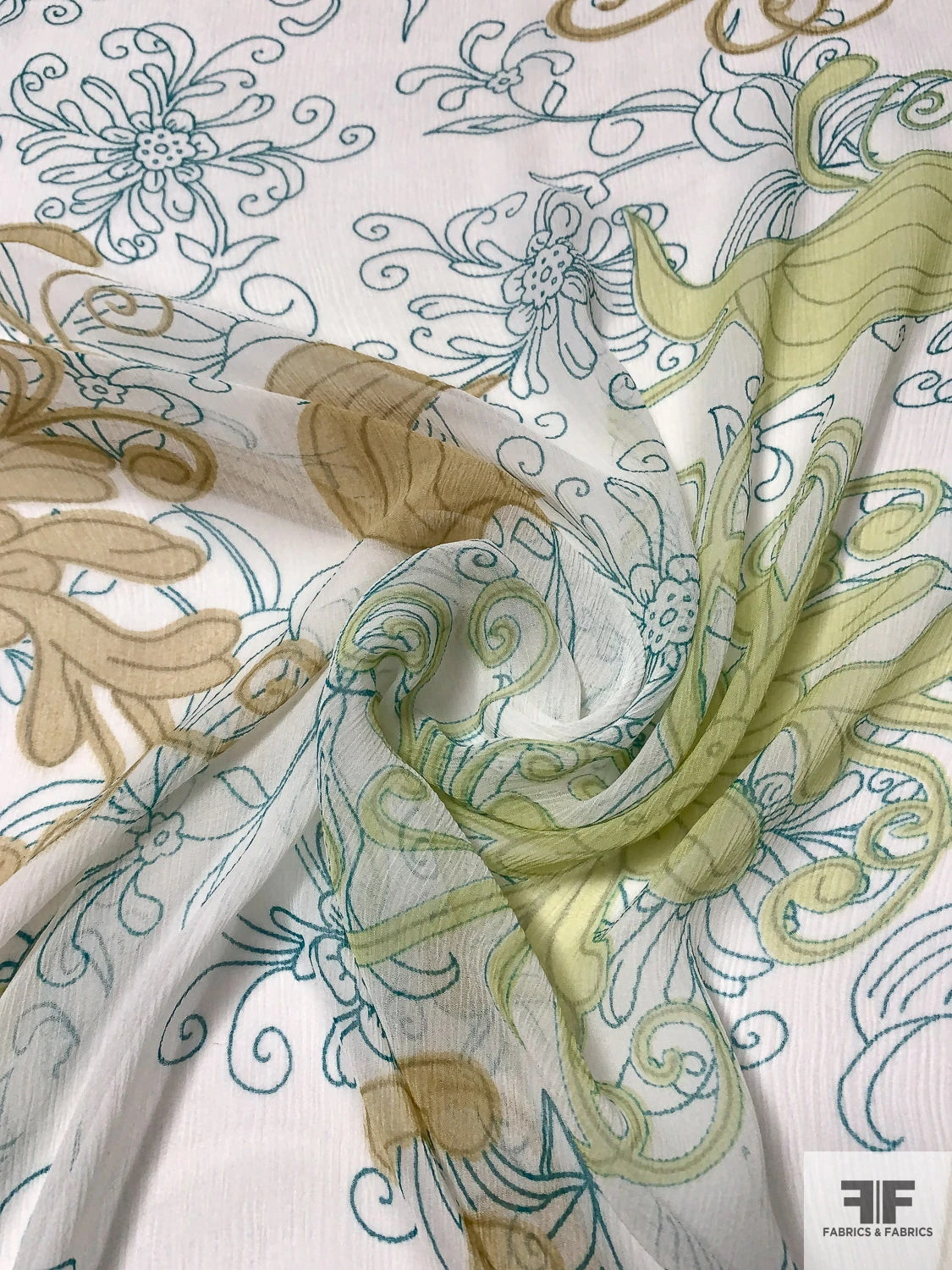 Exotic Leaf Printed Crinkled Silk Chiffon - Pastel Lime / Tan / Teal / Off-White 3 Exotic Leaf Printed Crinkled Silk Chiffon - Pastel Lime / Tan / Teal / Off-White
