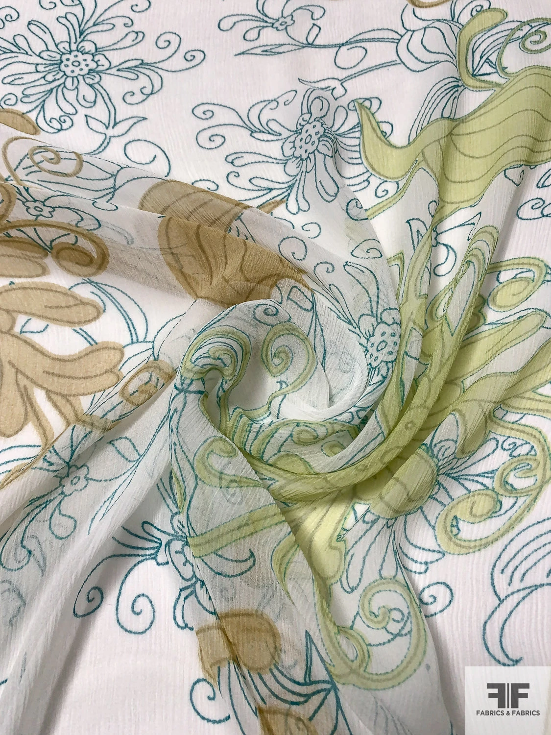 Exotic Leaf Printed Crinkled Silk Chiffon - Pastel Lime / Tan / Teal / Off-White 5 Exotic Leaf Printed Crinkled Silk Chiffon - Pastel Lime / Tan / Teal / Off-White - Image 3