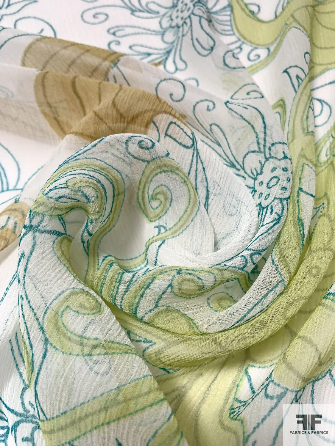 Exotic Leaf Printed Crinkled Silk Chiffon - Pastel Lime / Tan / Teal / Off-White 6 Exotic Leaf Printed Crinkled Silk Chiffon - Pastel Lime / Tan / Teal / Off-White - Image 4