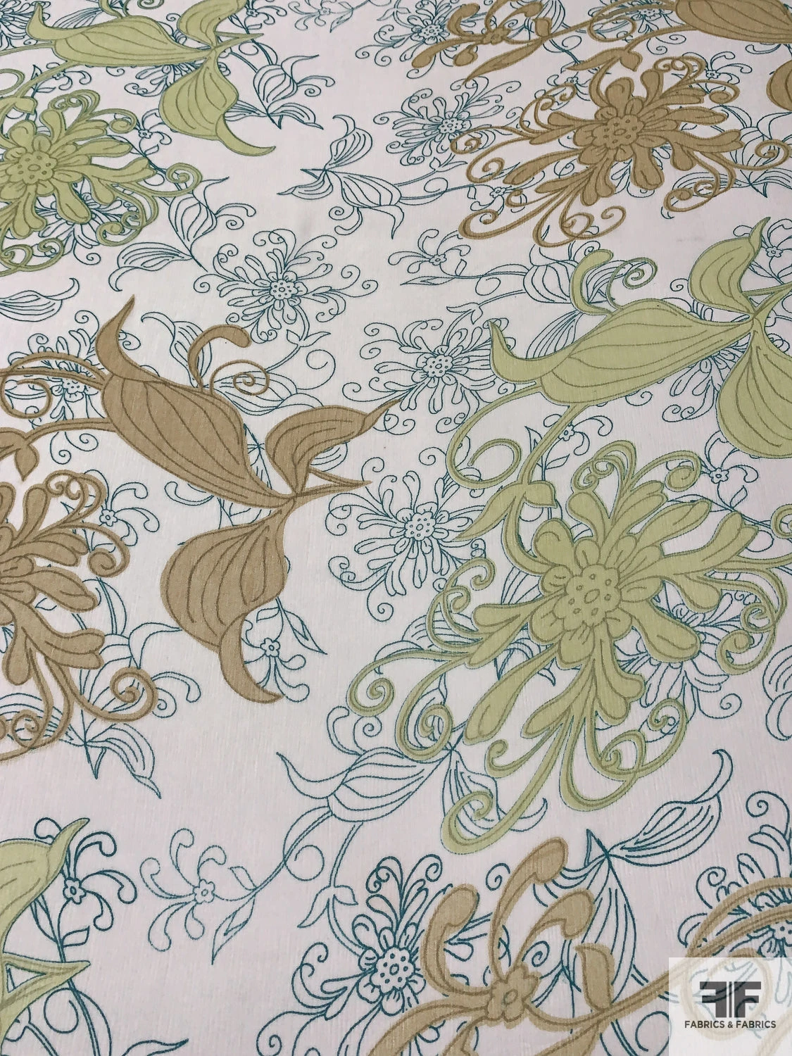 Exotic Leaf Printed Crinkled Silk Chiffon - Pastel Lime / Tan / Teal / Off-White 4 Exotic Leaf Printed Crinkled Silk Chiffon - Pastel Lime / Tan / Teal / Off-White - Image 2