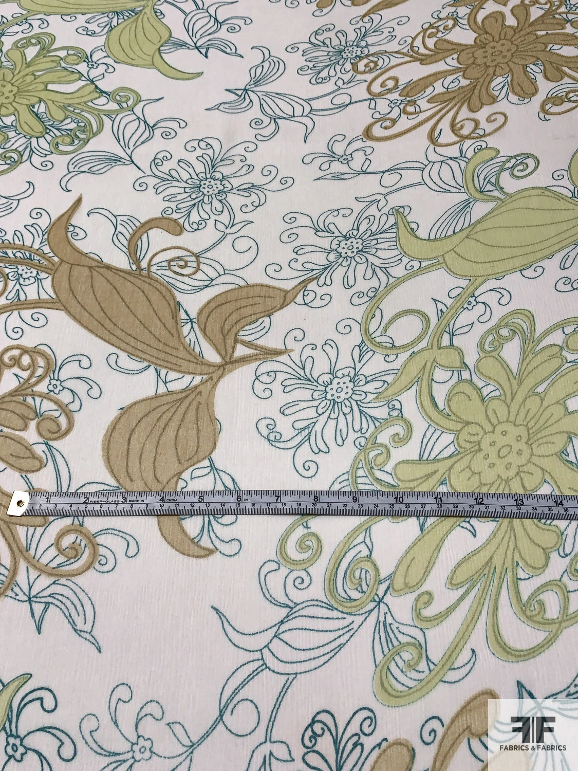 Exotic Leaf Printed Crinkled Silk Chiffon - Pastel Lime / Tan / Teal / Off-White 7 Exotic Leaf Printed Crinkled Silk Chiffon - Pastel Lime / Tan / Teal / Off-White - Image 5
