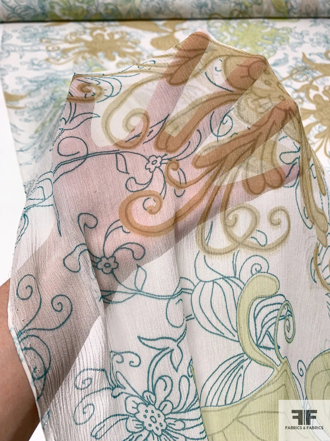 Exotic Leaf Printed Crinkled Silk Chiffon - Pastel Lime / Tan / Teal / Off-White 10 Exotic Leaf Printed Crinkled Silk Chiffon - Pastel Lime / Tan / Teal / Off-White - Image 8