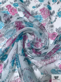 Floral Printed Crinkled Silk Chiffon - Sky Blue / Aqua Blue / Orchid Pink