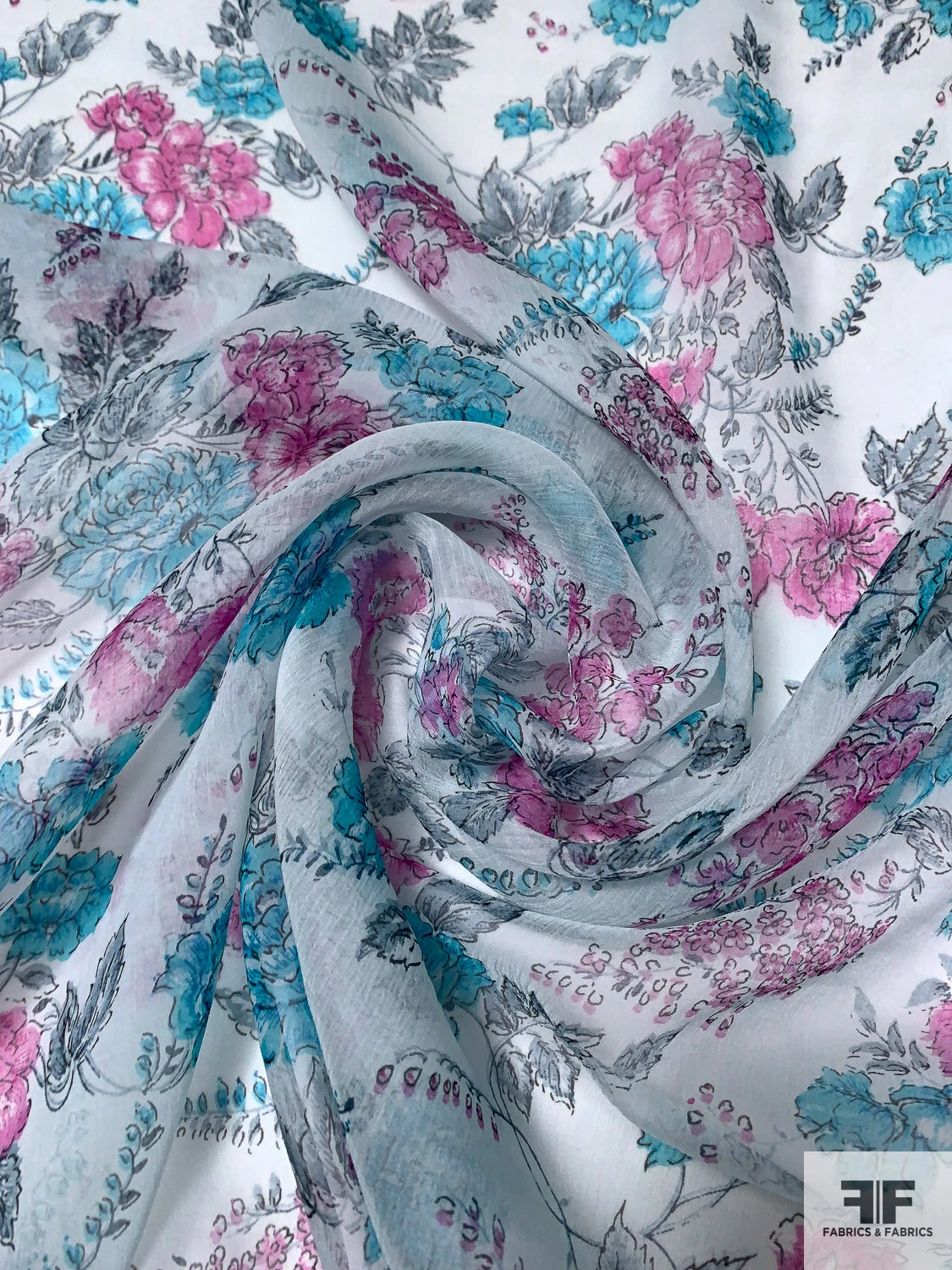 Floral Printed Crinkled Silk Chiffon - Sky Blue / Aqua Blue / Orchid Pink 5 Floral Printed Crinkled Silk Chiffon - Sky Blue / Aqua Blue / Orchid Pink - Image 3