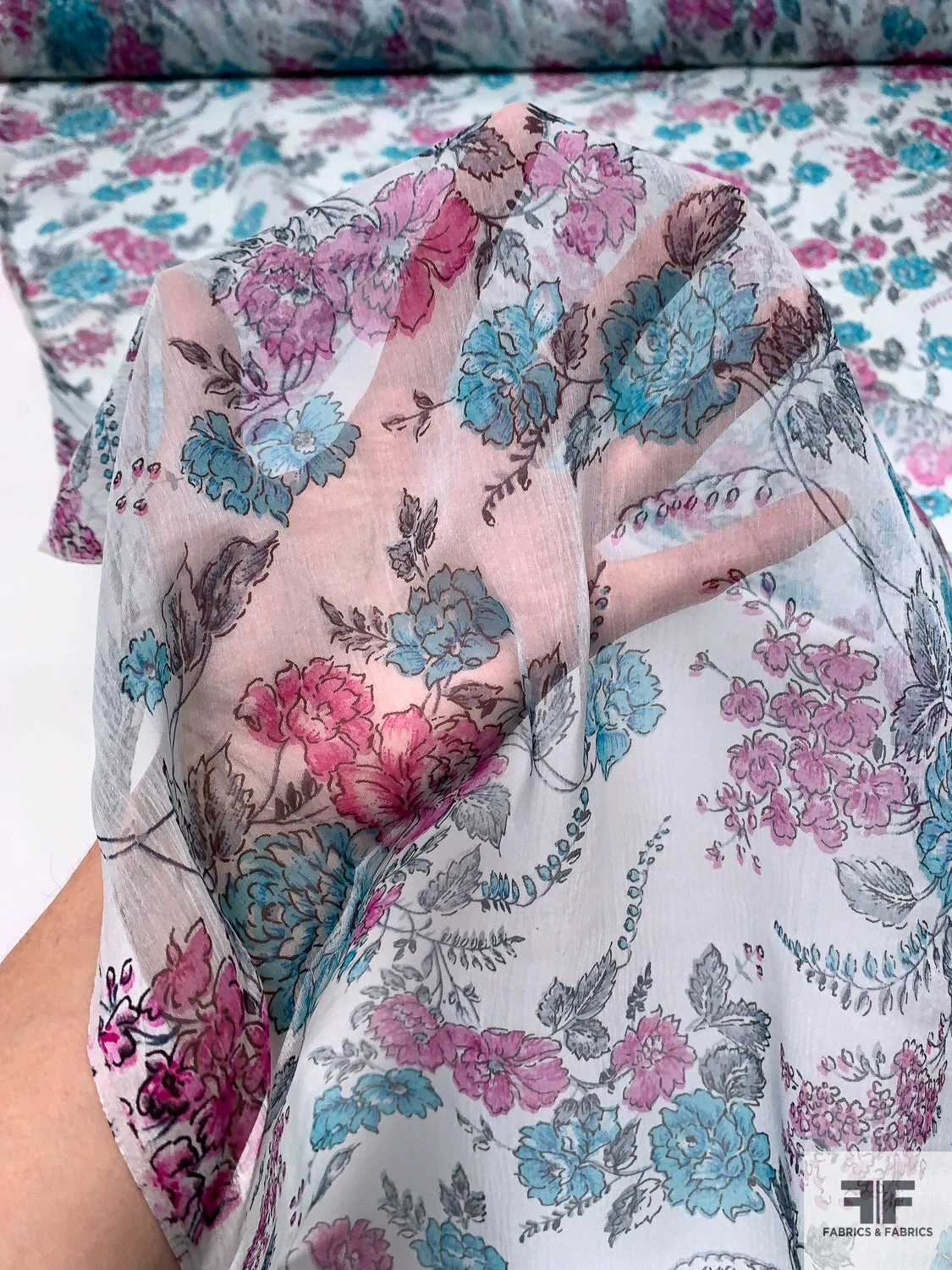 Floral Printed Crinkled Silk Chiffon - Sky Blue / Aqua Blue / Orchid Pink 4 Floral Printed Crinkled Silk Chiffon - Sky Blue / Aqua Blue / Orchid Pink - Image 2