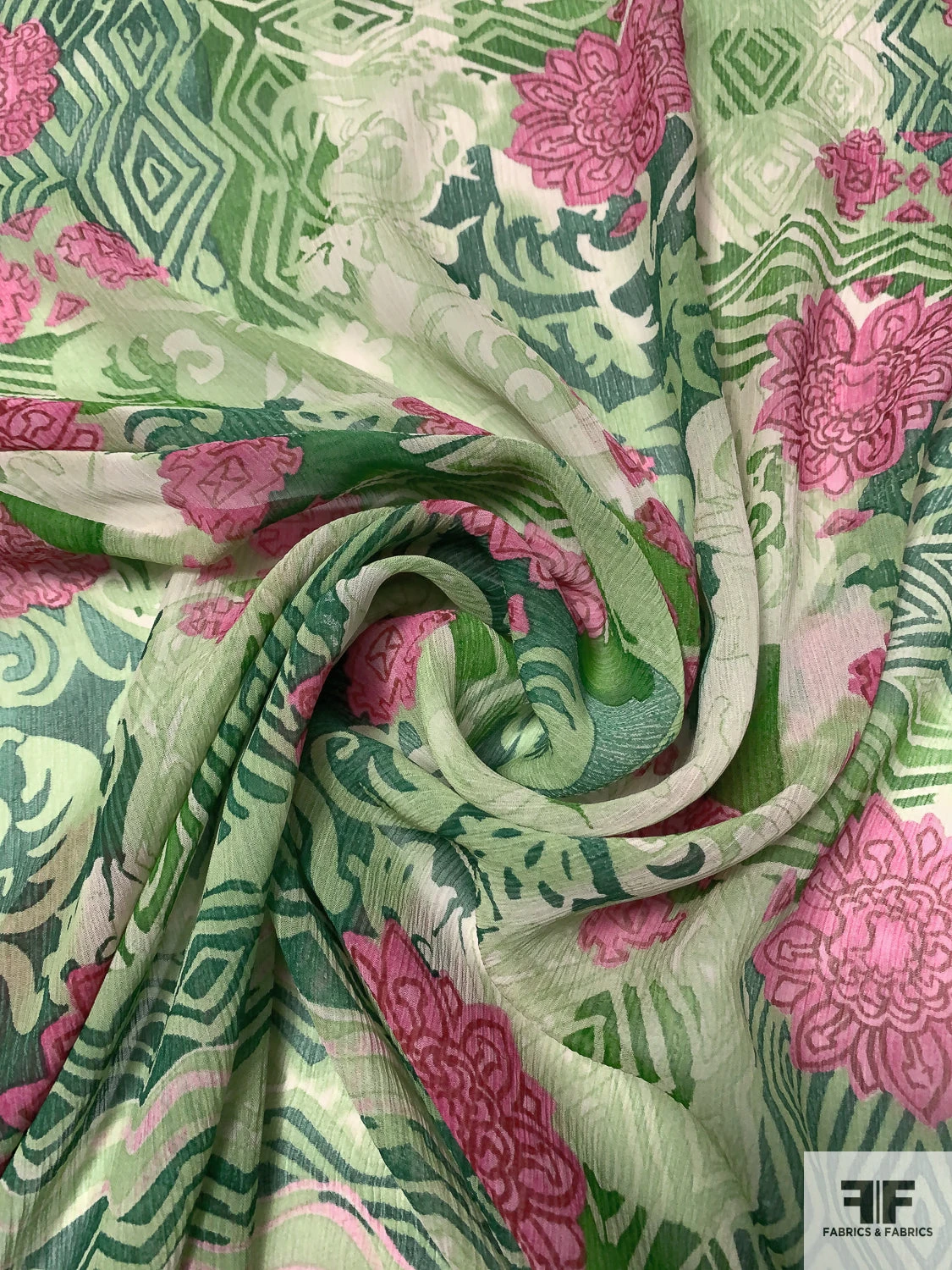 Collage And Floral Printed Crinkled Silk Chiffon Panel - Shades Of Green / Pinks 5 Collage And Floral Printed Crinkled Silk Chiffon Panel - Shades Of Green / Pinks - Image 3