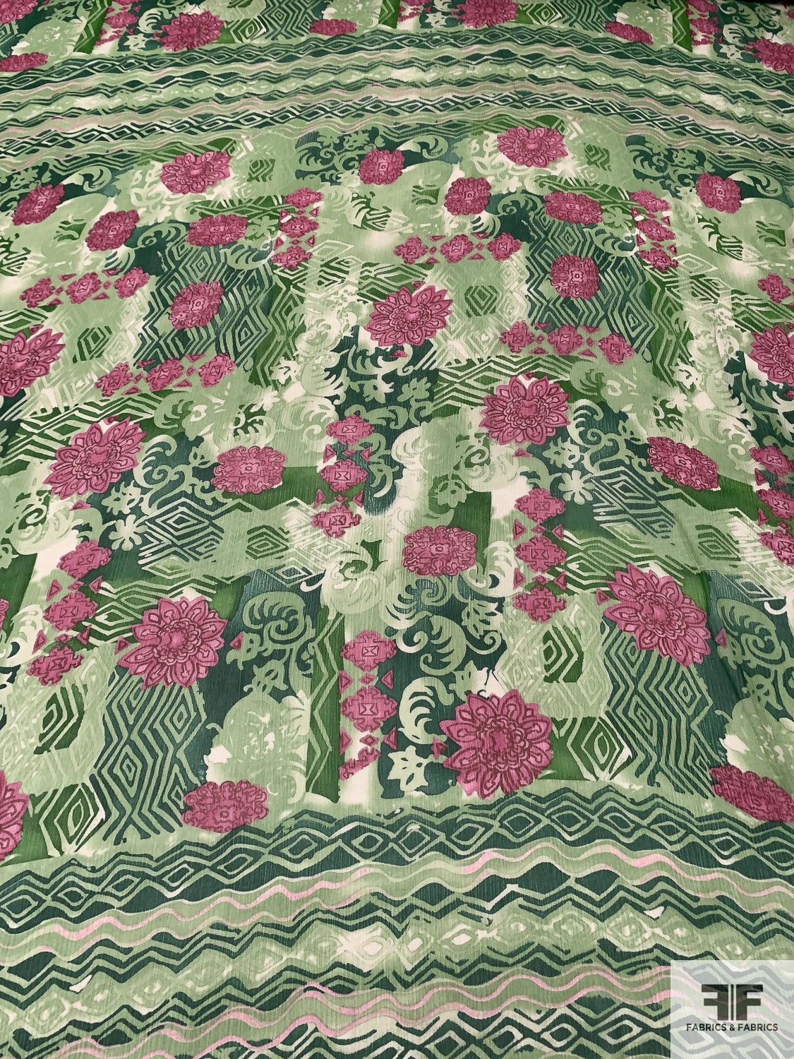 Collage And Floral Printed Crinkled Silk Chiffon Panel - Shades Of Green / Pinks 6 Collage And Floral Printed Crinkled Silk Chiffon Panel - Shades Of Green / Pinks - Image 4