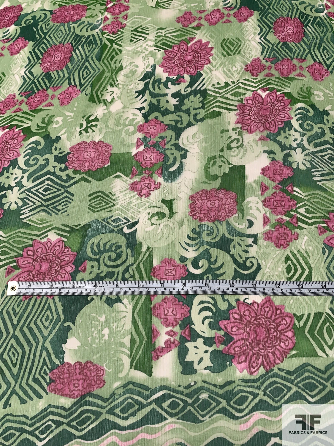 Collage And Floral Printed Crinkled Silk Chiffon Panel - Shades Of Green / Pinks 7 Collage And Floral Printed Crinkled Silk Chiffon Panel - Shades Of Green / Pinks - Image 5