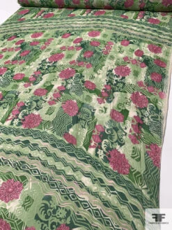 Collage And Floral Printed Crinkled Silk Chiffon Panel - Shades Of Green / Pinks