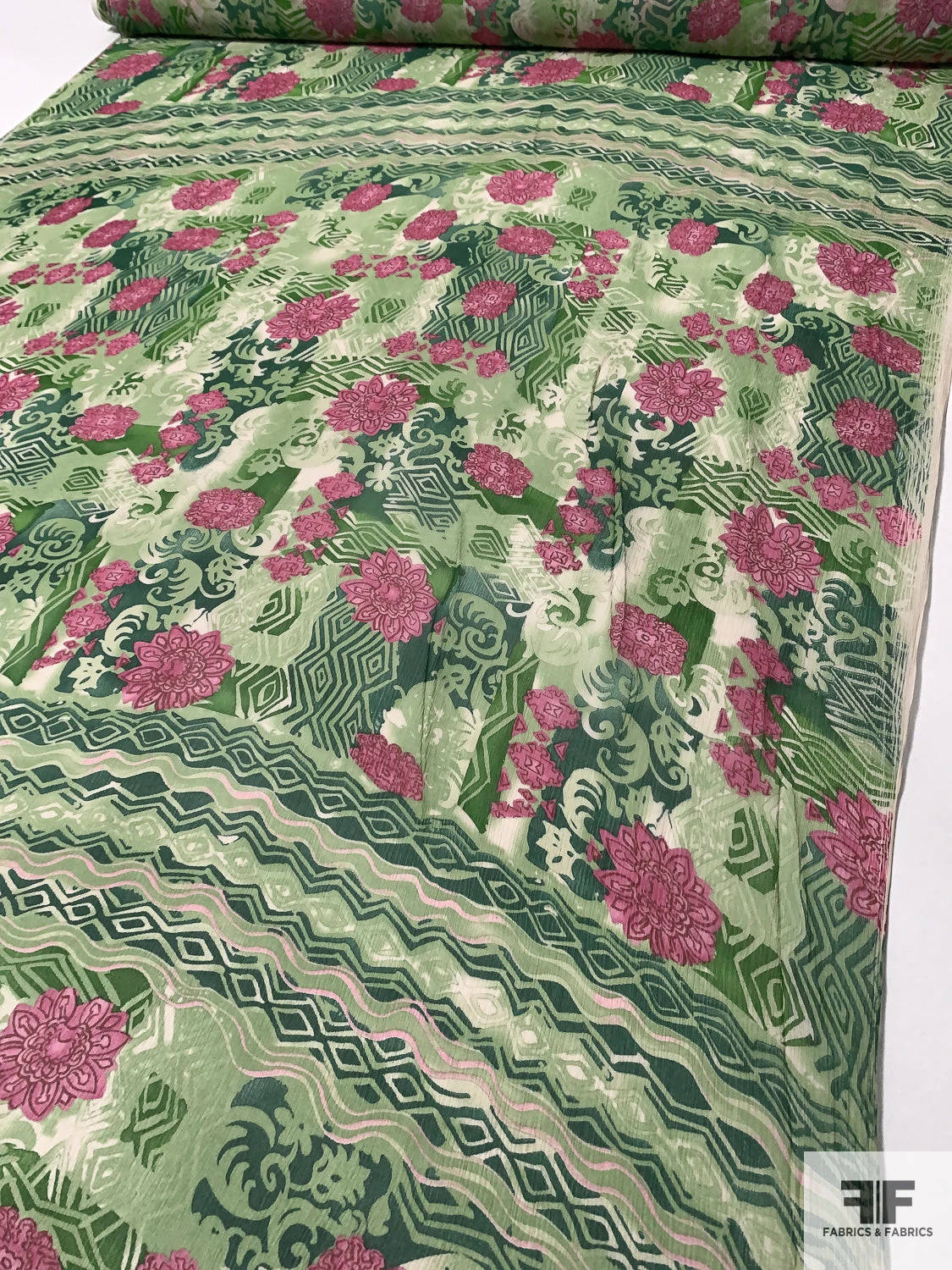 Collage And Floral Printed Crinkled Silk Chiffon Panel - Shades Of Green / Pinks 3 Collage And Floral Printed Crinkled Silk Chiffon Panel - Shades Of Green / Pinks