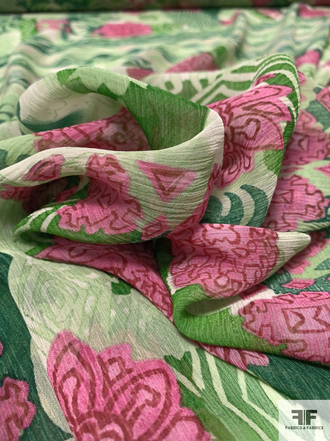 Collage And Floral Printed Crinkled Silk Chiffon Panel - Shades Of Green / Pinks 10 Collage And Floral Printed Crinkled Silk Chiffon Panel - Shades Of Green / Pinks - Image 8