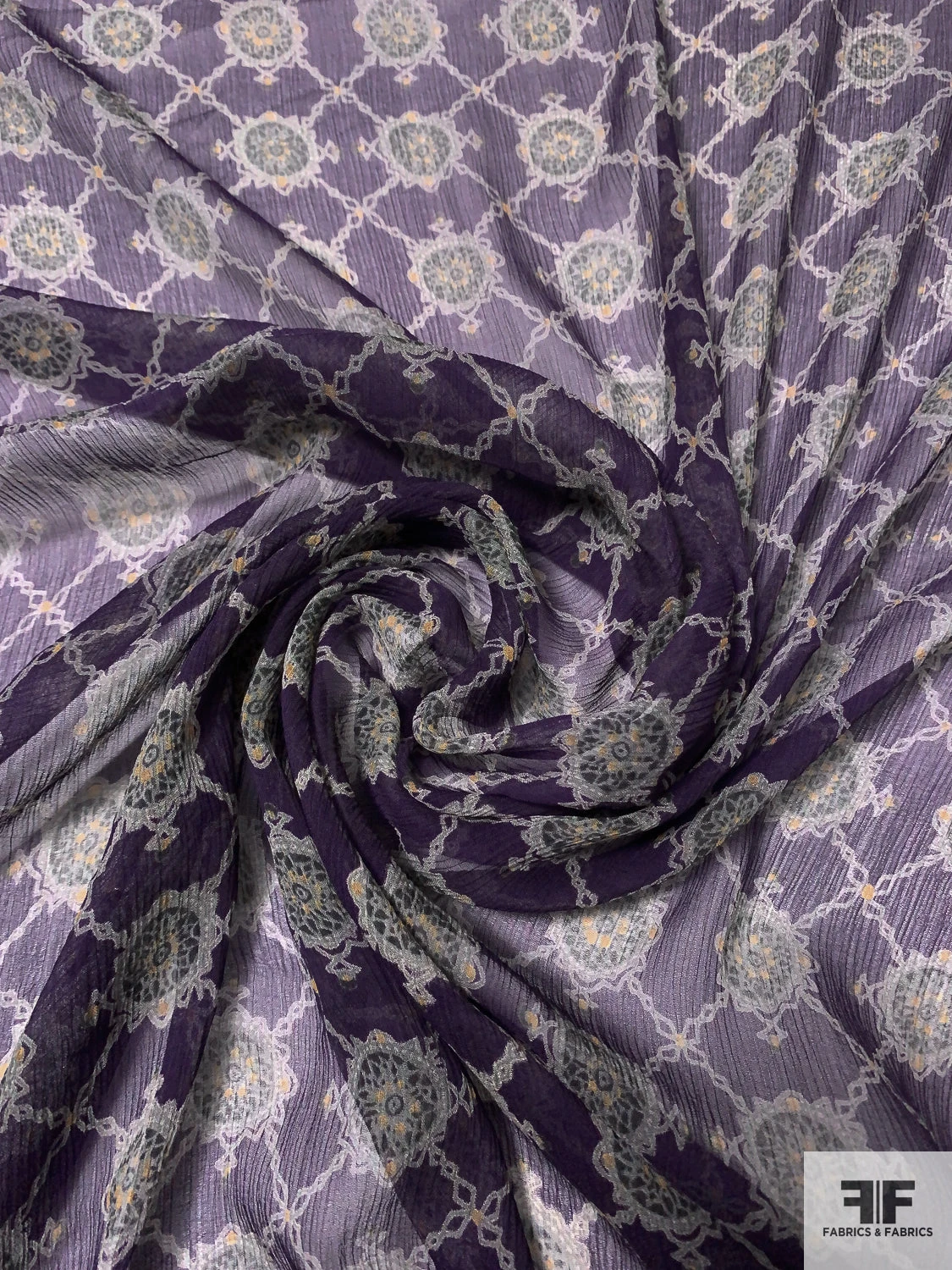 Circular Link Grid Printed Crinkled Silk Chiffon - Purple / Grey / Marigold 3 Circular Link Grid Printed Crinkled Silk Chiffon - Purple / Grey / Marigold
