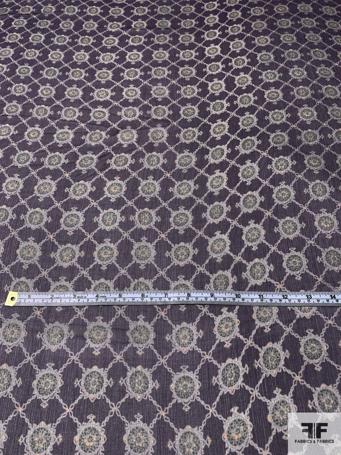 Circular Link Grid Printed Crinkled Silk Chiffon - Purple / Grey / Marigold 8 Circular Link Grid Printed Crinkled Silk Chiffon - Purple / Grey / Marigold - Image 6