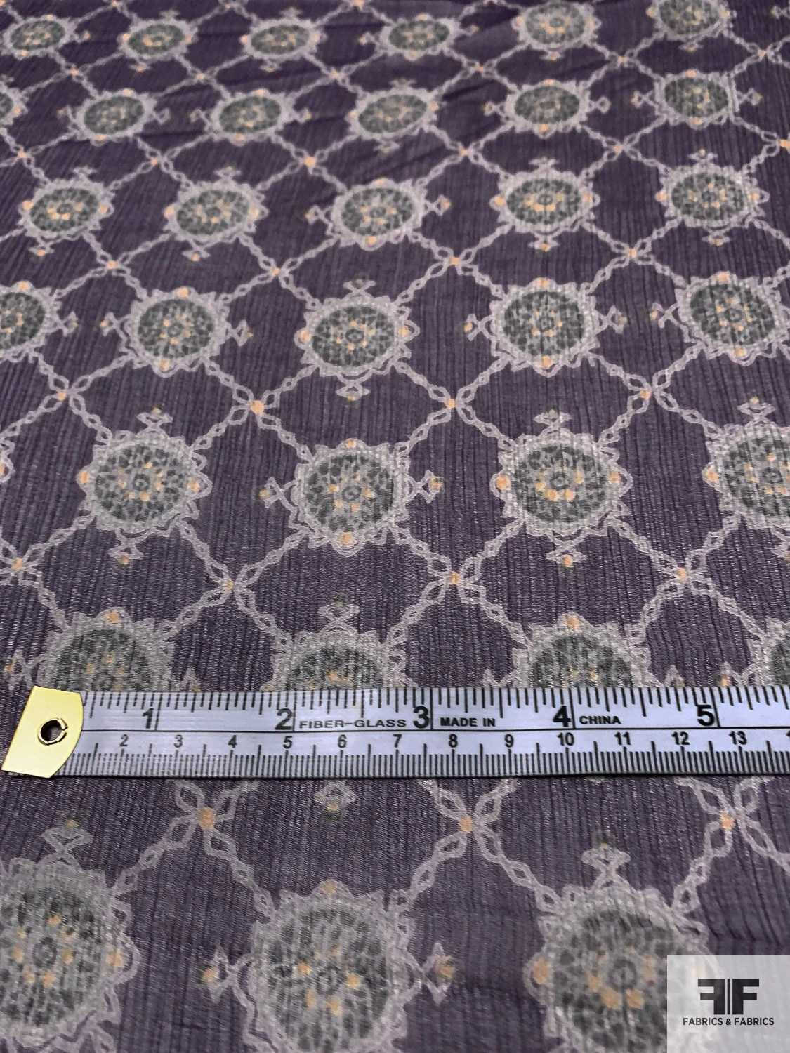 Circular Link Grid Printed Crinkled Silk Chiffon - Purple / Grey / Marigold 9 Circular Link Grid Printed Crinkled Silk Chiffon - Purple / Grey / Marigold - Image 7