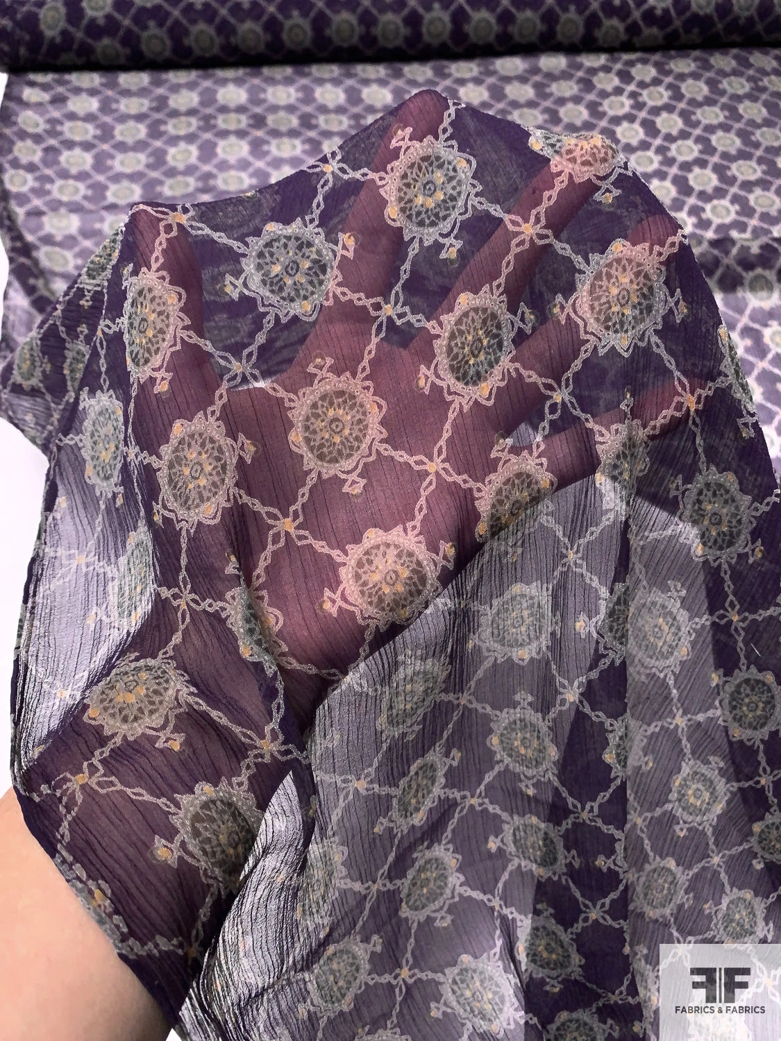 Circular Link Grid Printed Crinkled Silk Chiffon - Purple / Grey / Marigold 4 Circular Link Grid Printed Crinkled Silk Chiffon - Purple / Grey / Marigold - Image 2