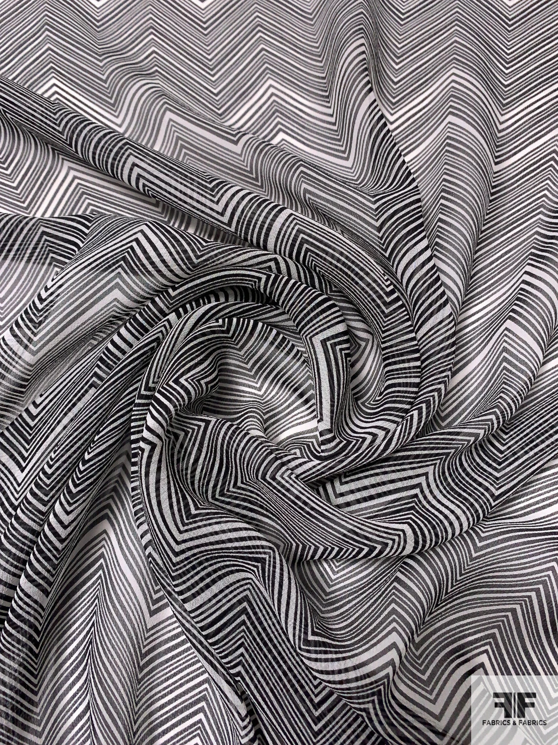 Hypnotic Chevron Printed Silk Chiffon - Black / Off-White 4 Hypnotic Chevron Printed Silk Chiffon - Black / Off-White - Image 3