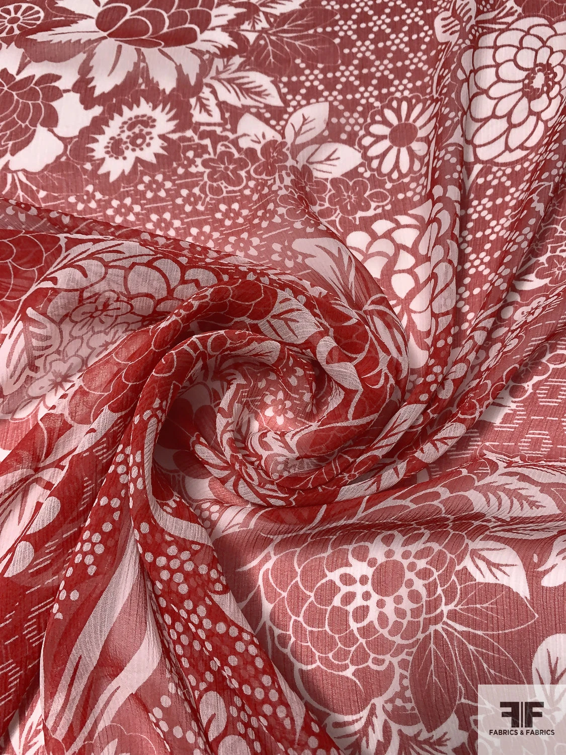 Floral Collage Printed Crinkled Silk Chiffon - Red / Off-White 3 Floral Collage Printed Crinkled Silk Chiffon - Red / Off-White