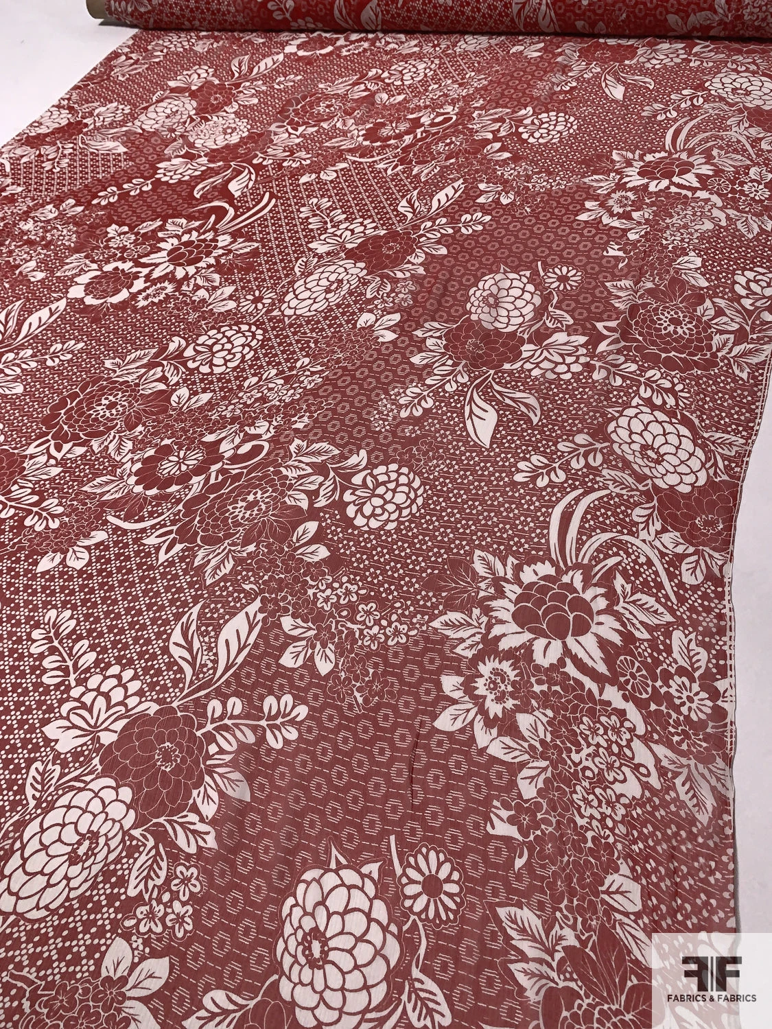 Floral Collage Printed Crinkled Silk Chiffon - Red / Off-White 8 Floral Collage Printed Crinkled Silk Chiffon - Red / Off-White - Image 6